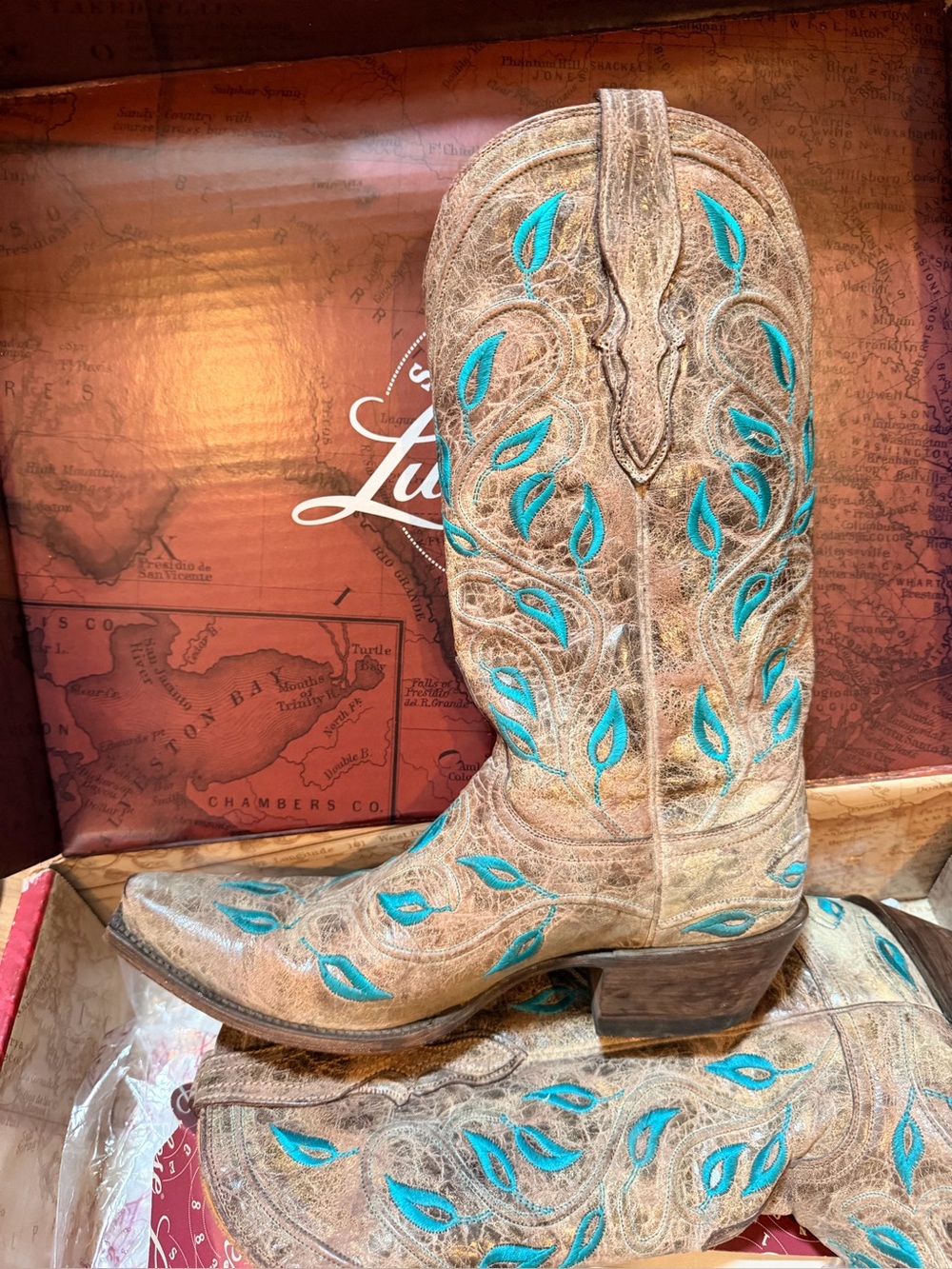 Lucchese Brown Leather Cowboy Boots with Turquoise Embroidery